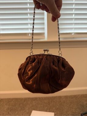 Brown Satin Evening Clutch with Chain Strap